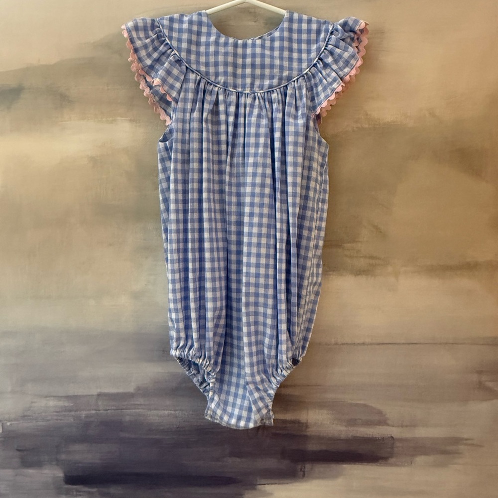 Gingham Girls Toddler Romper Bubble Blue and Pink Sunsuit Easter Perfection